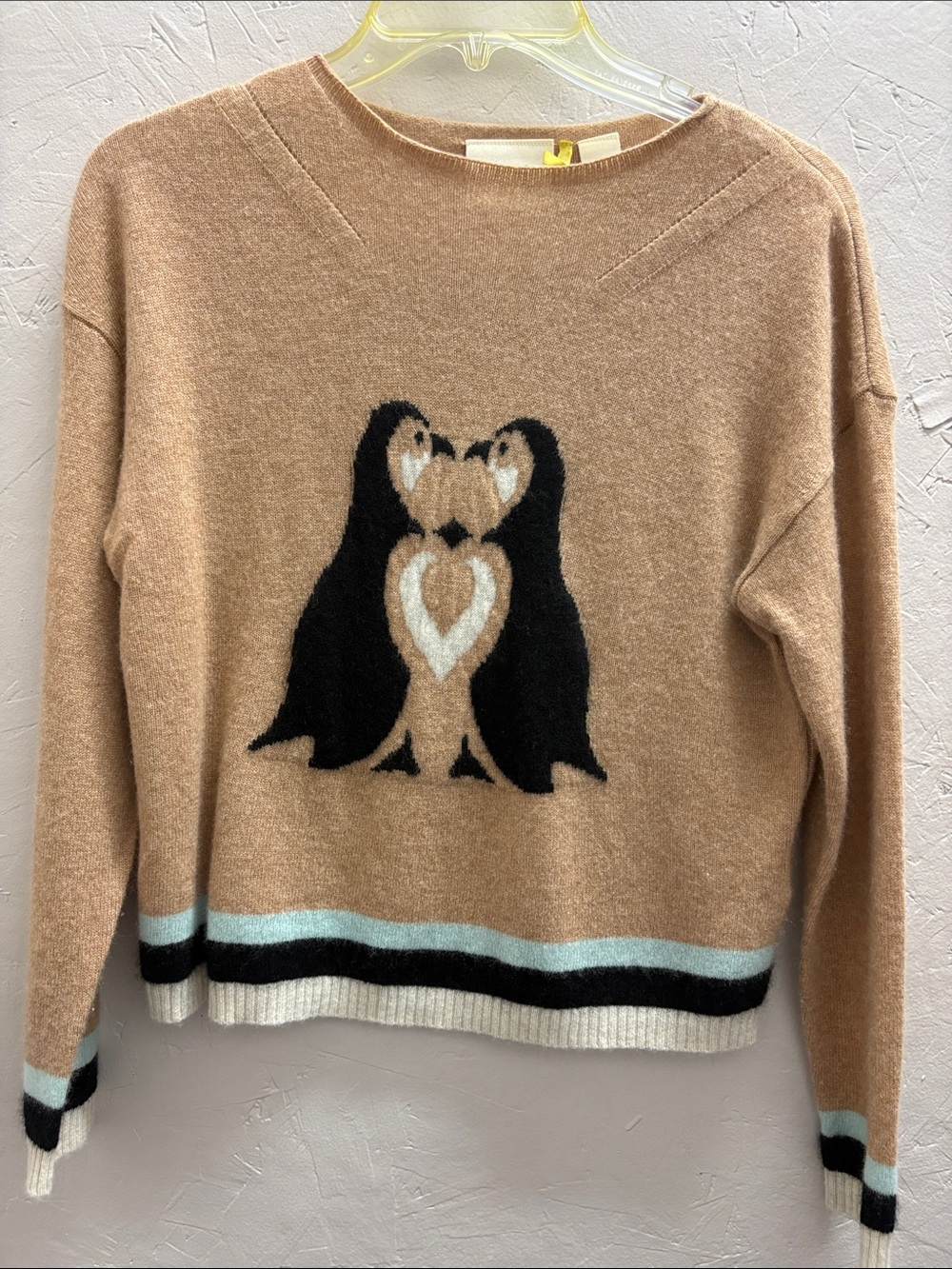 Anthropologie Tan Kissing Penguins 100% Cashmere Sweater, Cream/Black, XXS